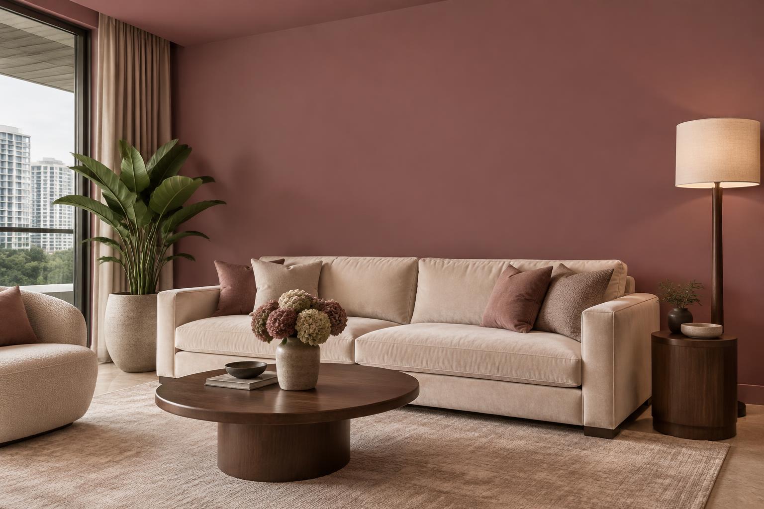Condo lounge with cream velvet sofa and walnut tables painted in Gush Prince NE046C, showing the shade in natural Singapore daylight