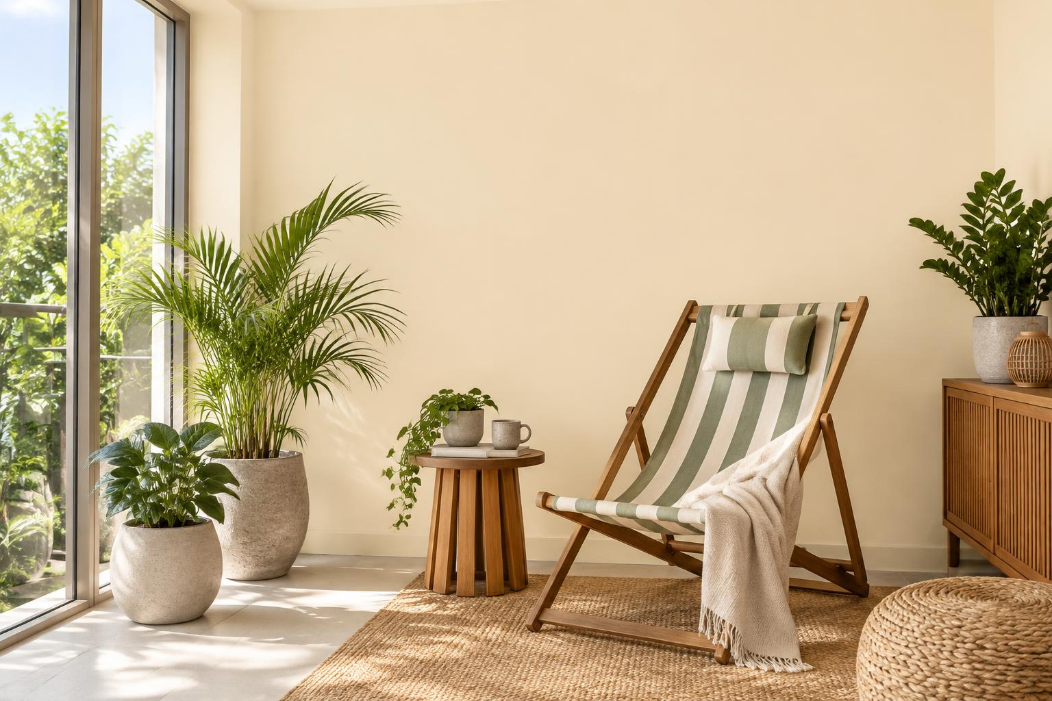 Condo sunroom with striped deckchair and potted palms painted in Gush Deckchair NE047A, showing the shade in natural Singapore daylight