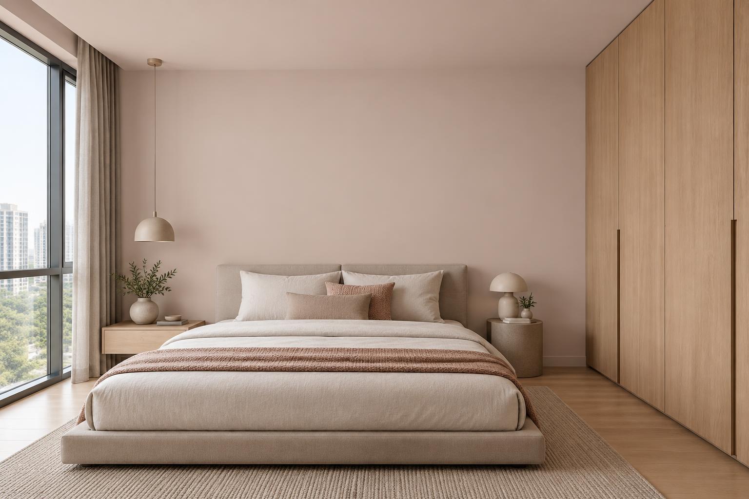 Condo bedroom with platform bed and oak wardrobe painted in Gush Kondo 101 NE052B, showing the shade in natural Singapore daylight