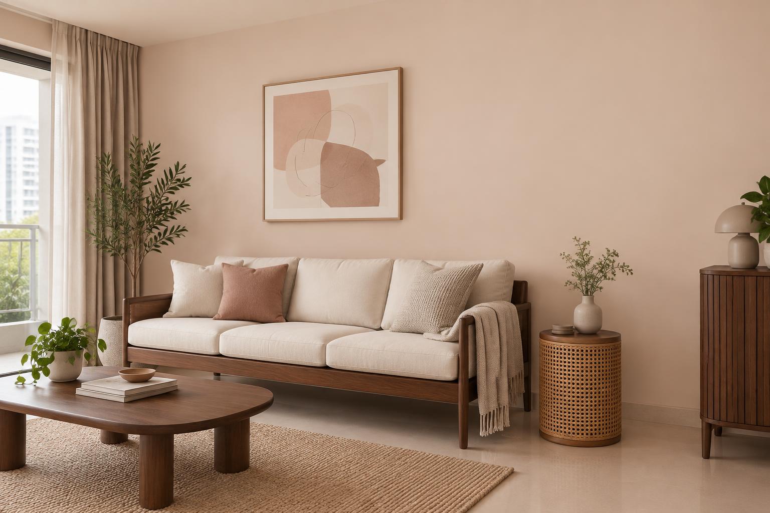 HDB living room with walnut sofa and rattan side table painted in Gush Teh Tarik NE053B, showing the shade in natural Singapore daylight