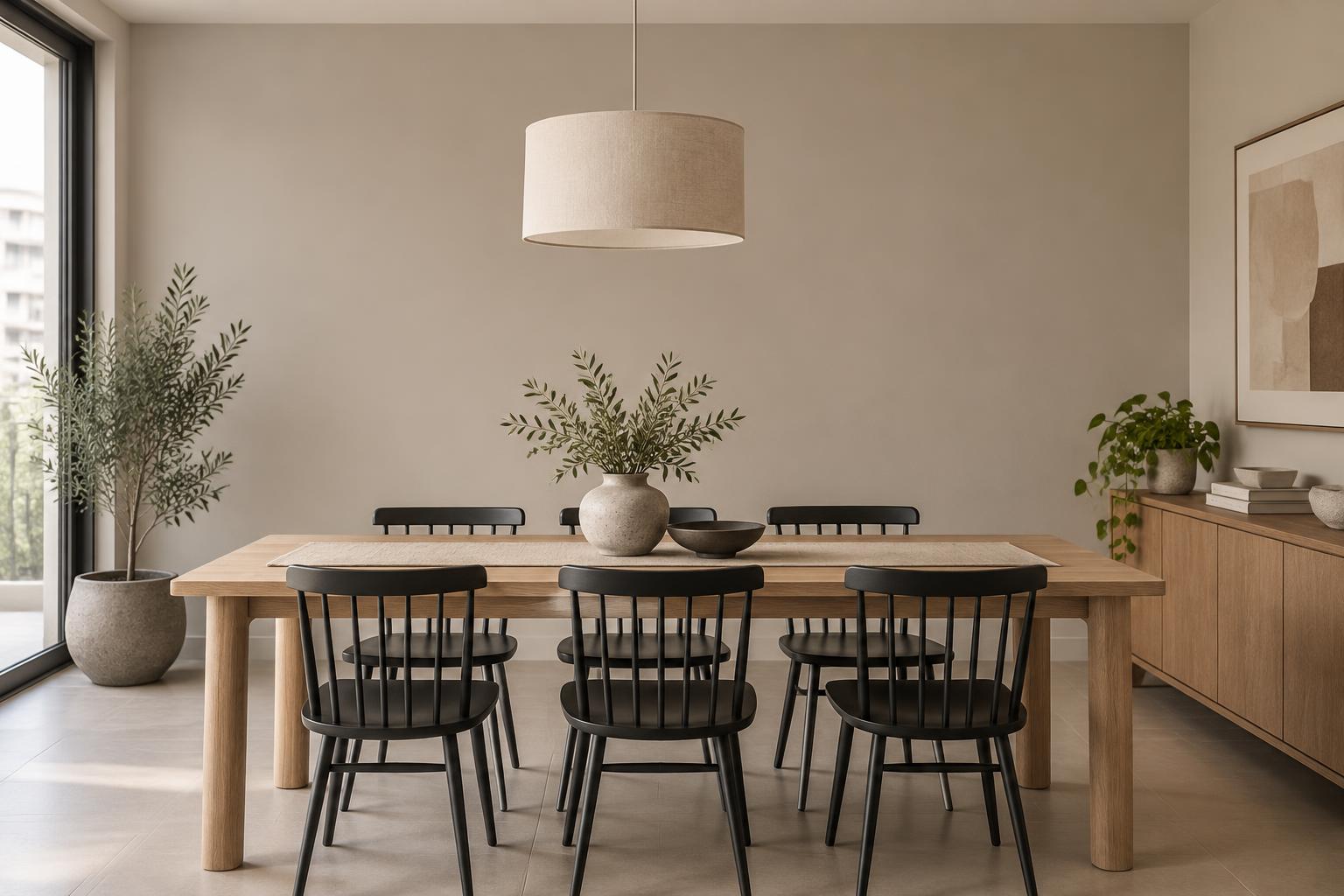 HDB dining room with oak table and black spindle chairs painted in Gush Bao NE054B, showing the shade in natural Singapore daylight