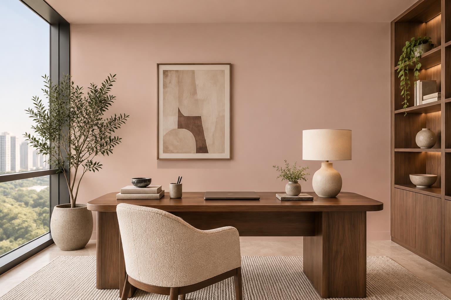 Condo study with walnut desk and boucle chair painted in Gush Glaze NE055B, showing the shade in natural Singapore daylight