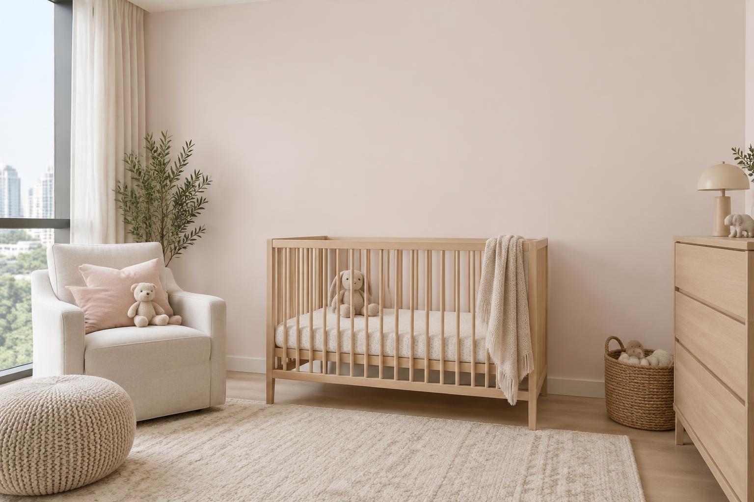 Condo nursery with wooden cot and linen armchair painted in Gush Tutu Kueh NE056A, showing the shade in natural Singapore daylight