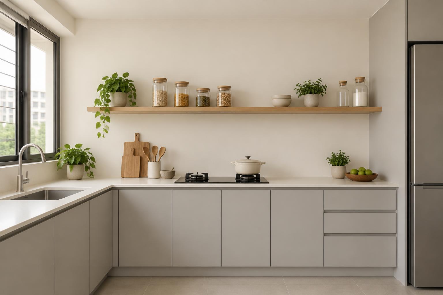 HDB kitchen with grey cabinets and oak shelf painted in Gush Dairy Alternative NE057A, showing the shade in natural Singapore daylight