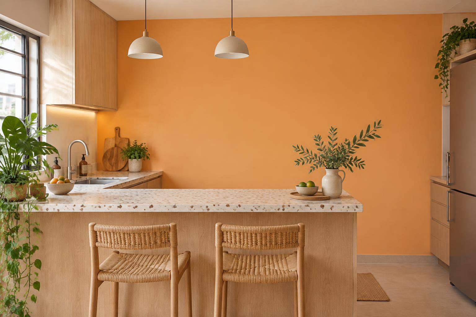 HDB kitchen painted in Gush Mango OR002B, showing the shade in natural Singapore daylight