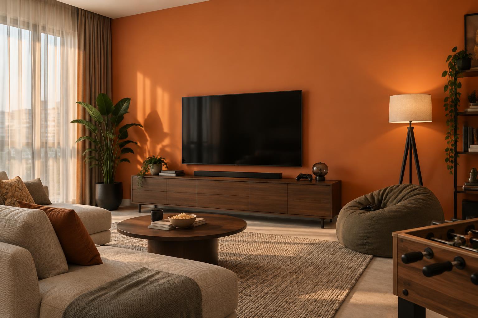 Condo games lounge painted in Gush Daytona OR003B, showing the shade in natural Singapore daylight