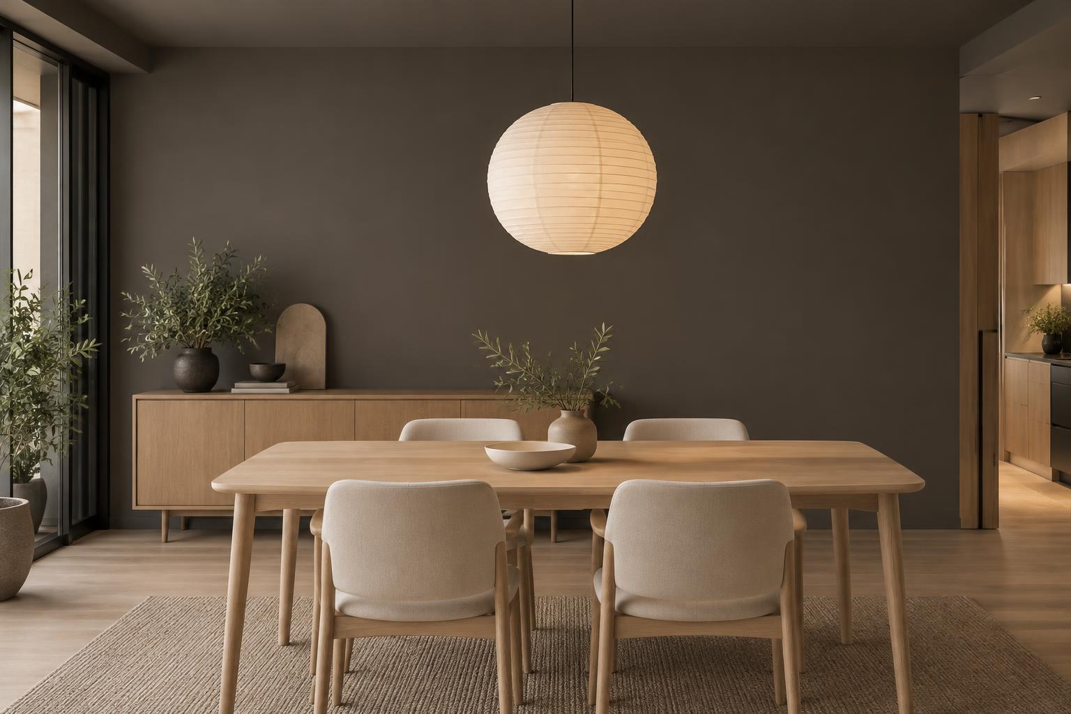 HDB dining room with pale oak table and paper lantern painted in Gush Lazydaze P1001A, showing the shade in natural Singapore daylight