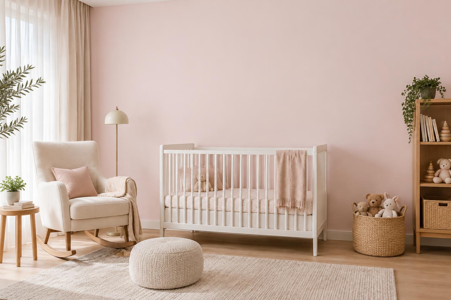 Baby nursery painted in Gush Pinky Swear PI000A, showing the shade in natural Singapore daylight