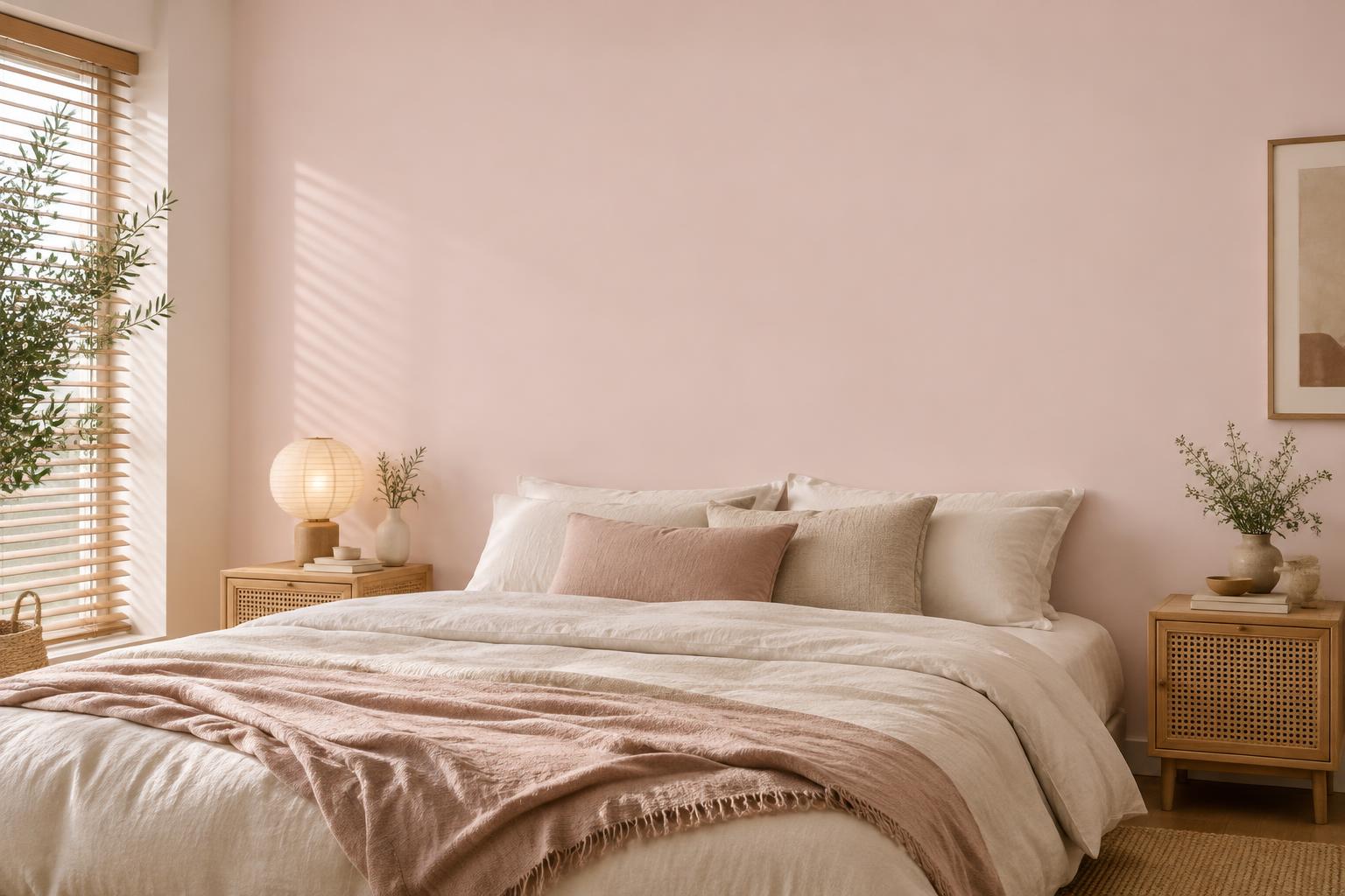 Guest bedroom painted in Gush Lazydaze PI001A, showing the shade in natural Singapore daylight