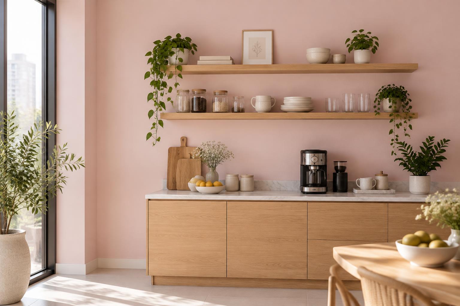 Coffee pantry nook painted in Gush Jio PI004B, showing the shade in natural Singapore daylight