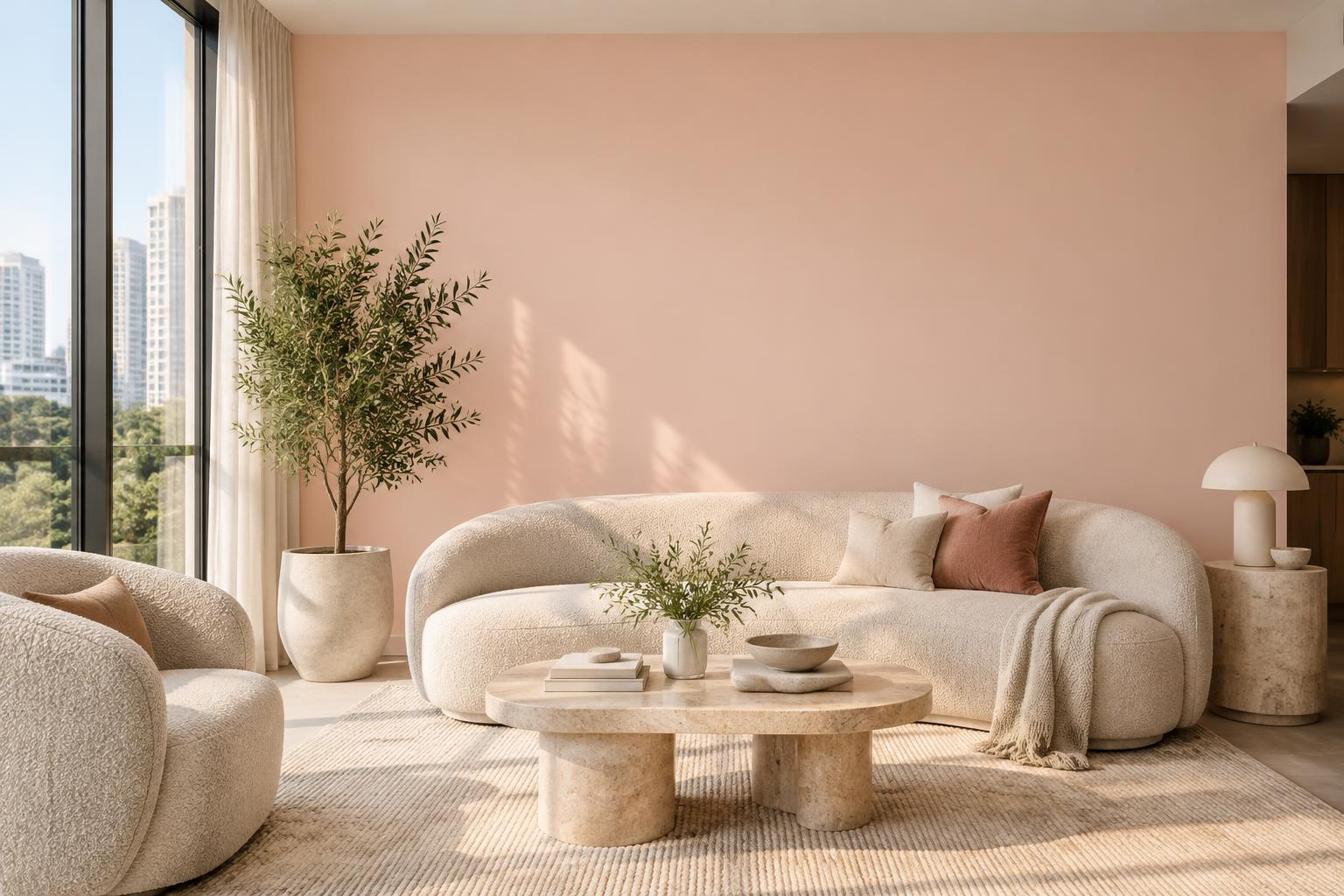 Condo living room painted in Gush Mamma Mia PI006A, showing the shade in natural Singapore daylight