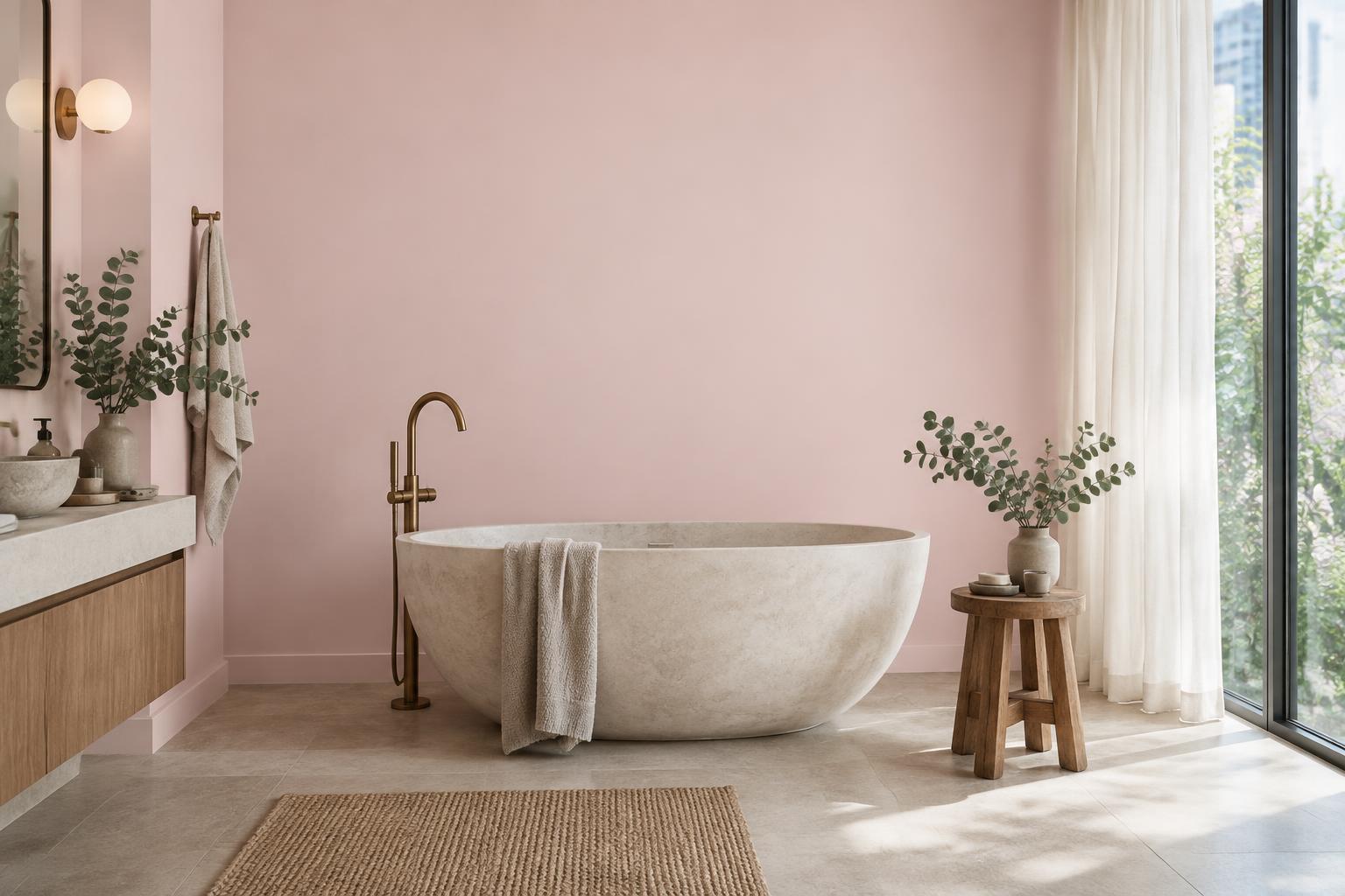 Master bathroom painted in Gush Flowerpath PI007A, showing the shade in natural Singapore daylight