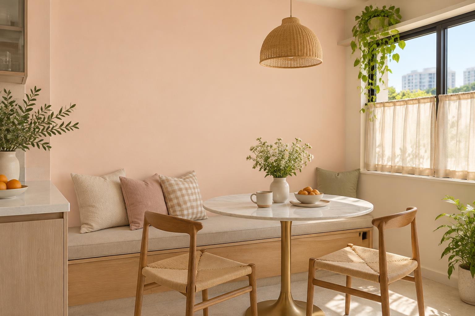 Breakfast nook painted in Gush Bellylaugh PI009A, showing the shade in natural Singapore daylight