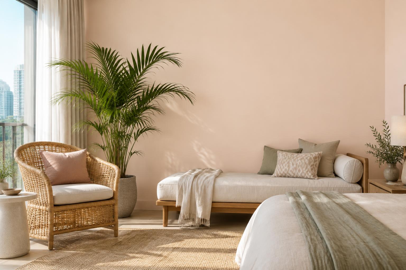 Bedroom lounge corner painted in Gush Private Island PI011A, showing the shade in natural Singapore daylight