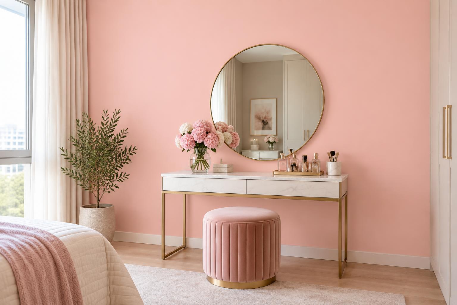 Dressing corner painted in Gush Flowergirl PI019A, showing the shade in natural Singapore daylight
