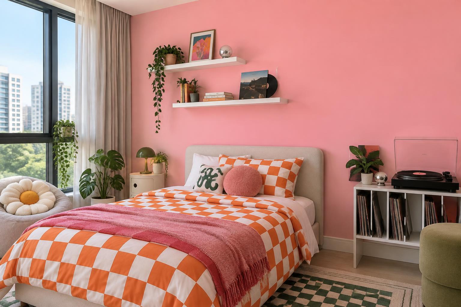 Teen bedroom painted in Gush Octane PI021B, showing the shade in natural Singapore daylight