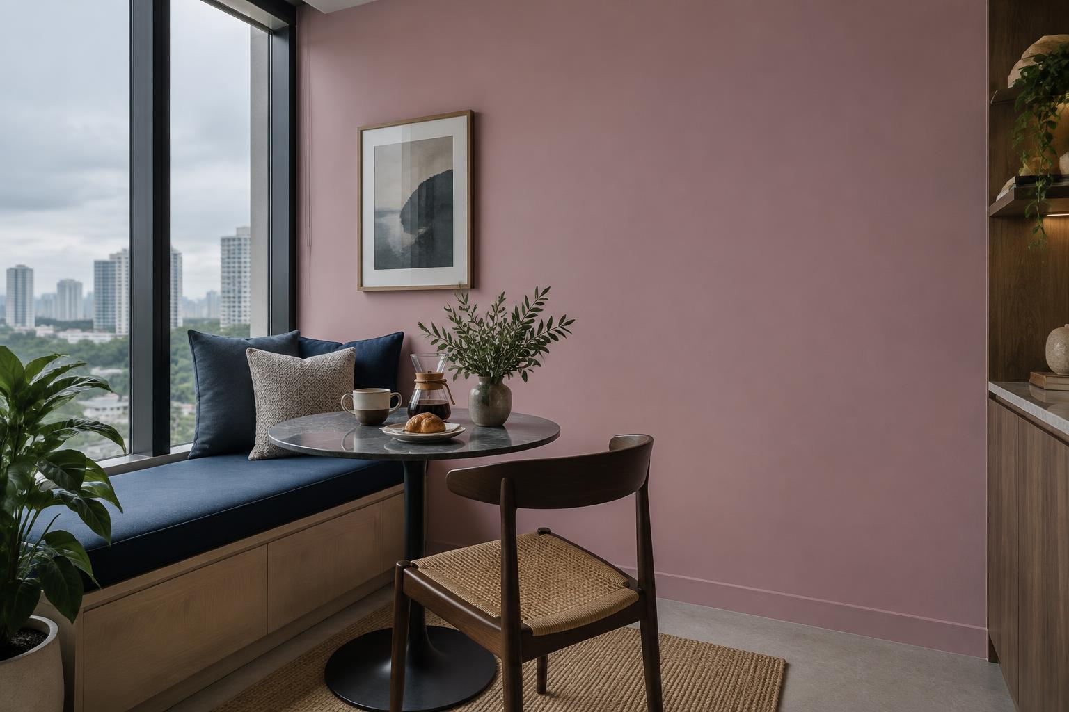 Window-seat café corner painted in Gush Boogieboard PU001C, showing the shade in natural Singapore daylight