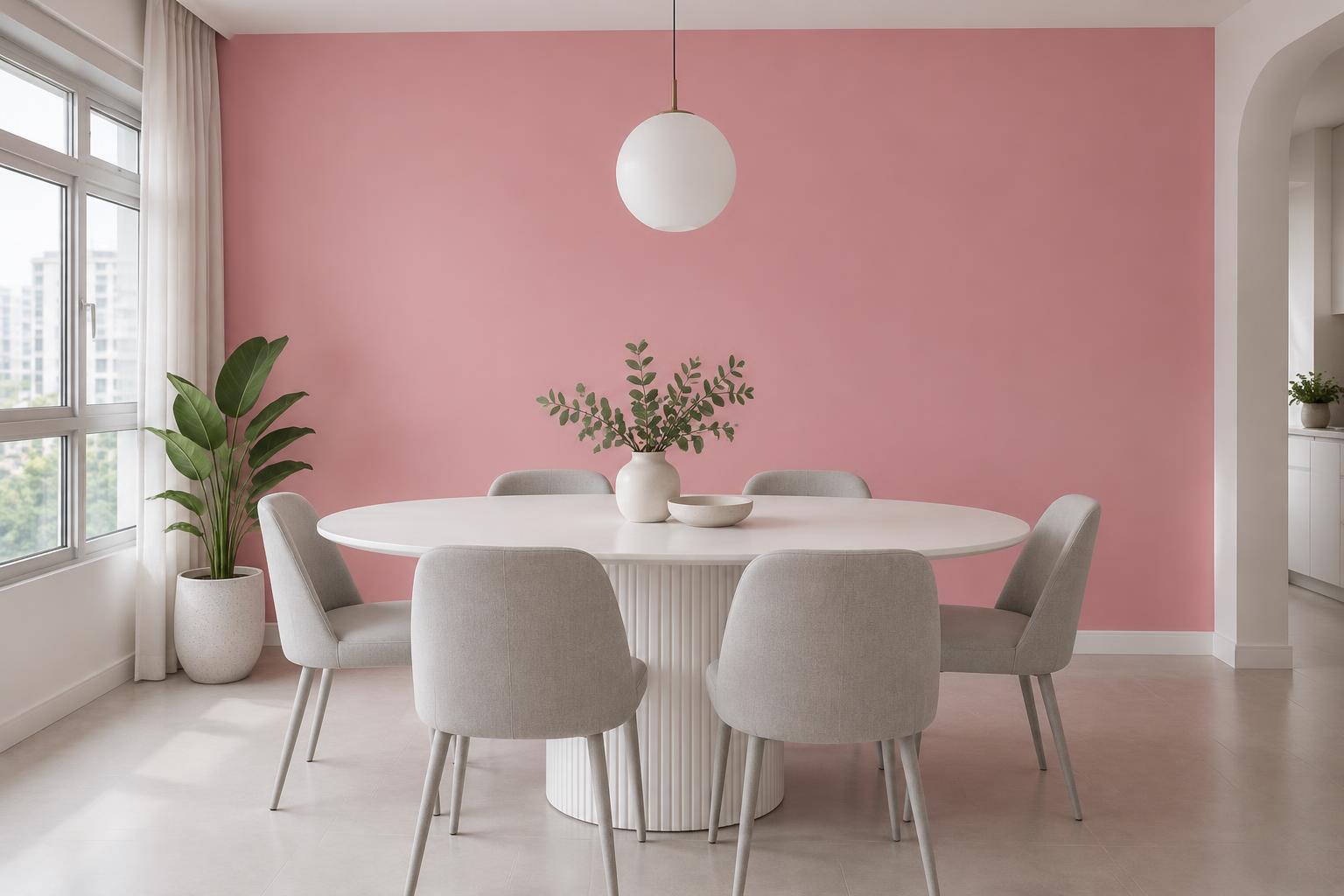 HDB dining room with oval table painted in Gush Jellyfish Jelly PU005B, showing the shade in natural Singapore daylight
