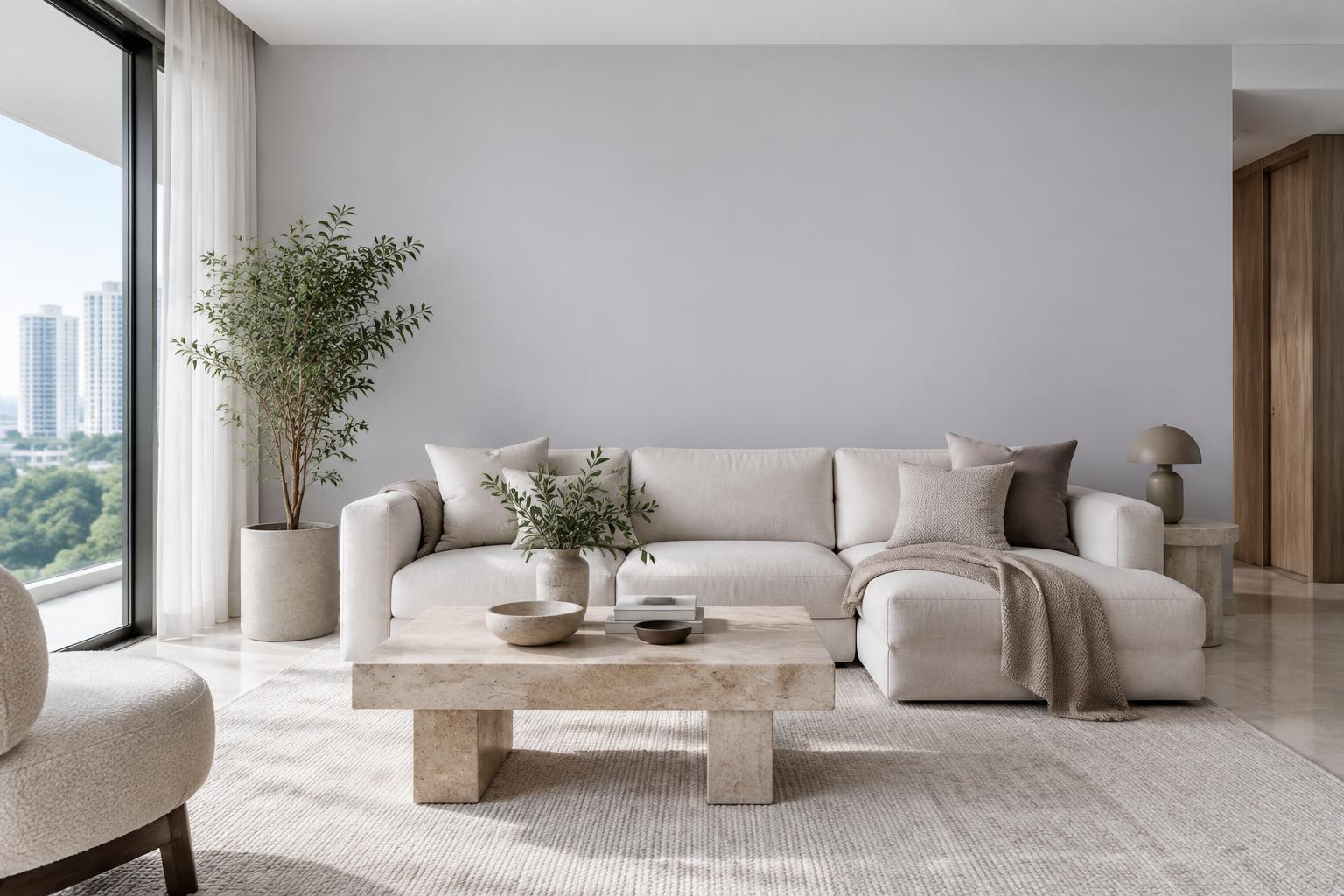 Condo living room painted in Gush Mirage PU007A, showing the shade in natural Singapore daylight