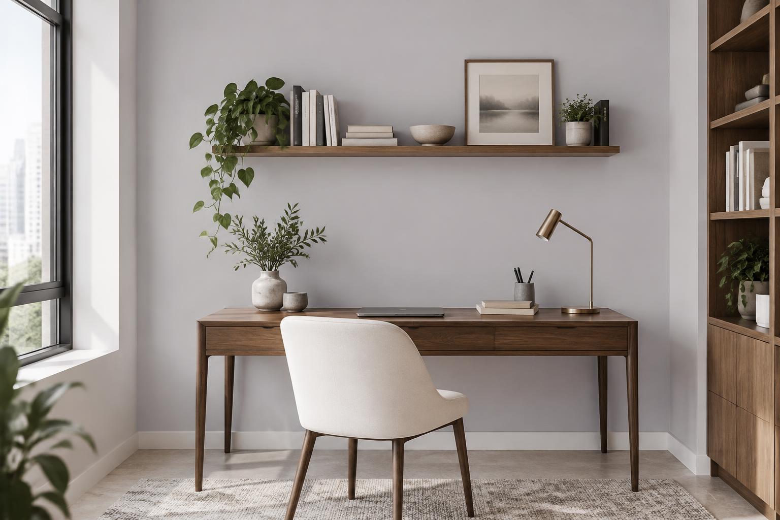 Home office nook painted in Gush Sunset Strip PU008A, showing the shade in natural Singapore daylight