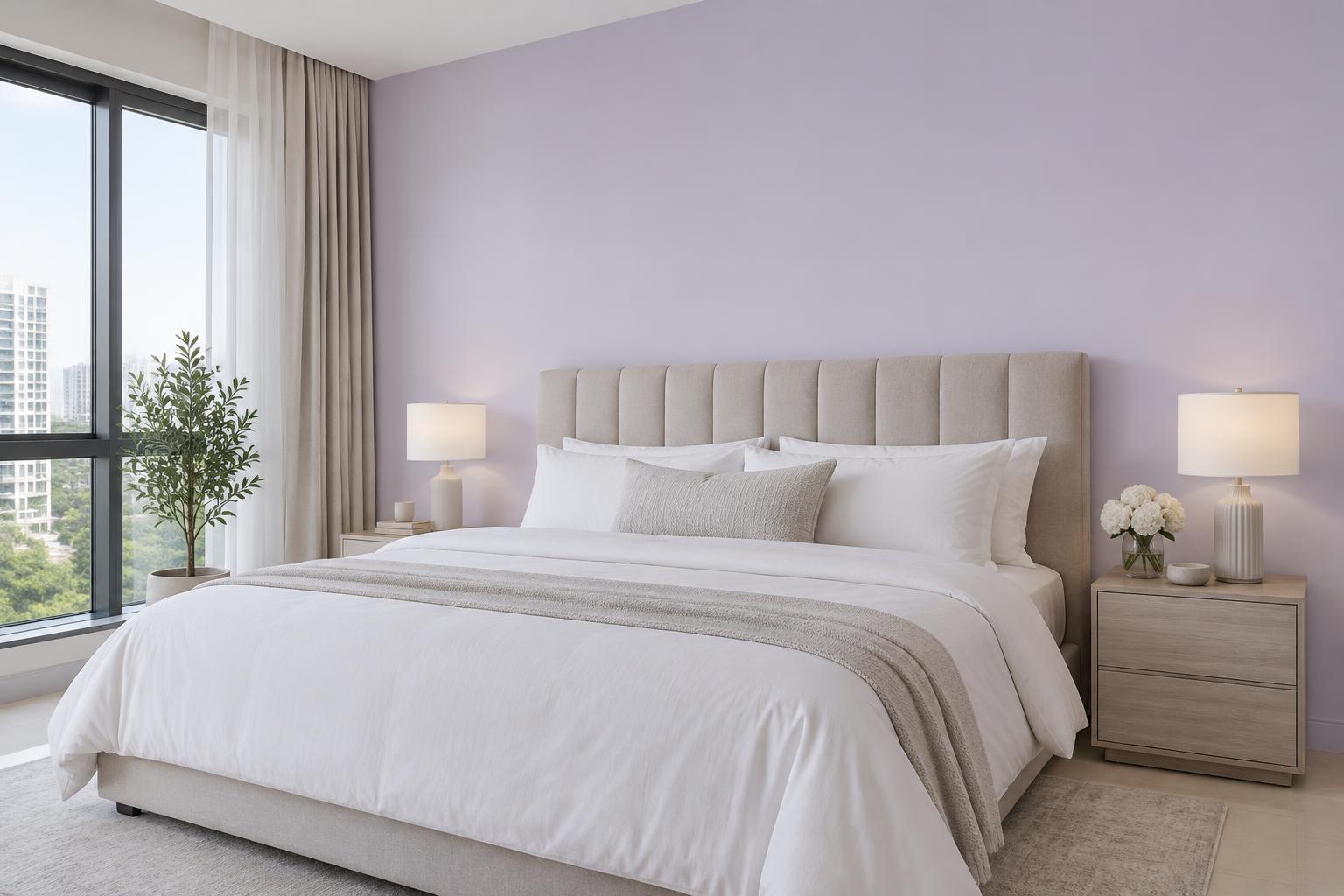 Serene master bedroom painted in Gush Slip N' Suds PU009A, showing the shade in natural Singapore daylight