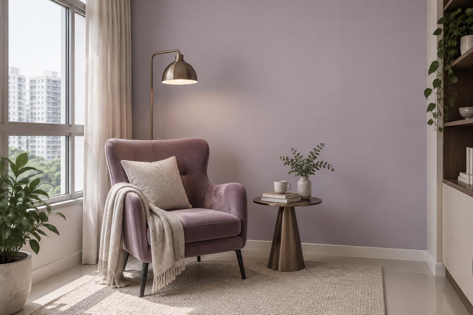 HDB reading corner painted in Gush Buble Bath PU011B, showing the shade in natural Singapore daylight