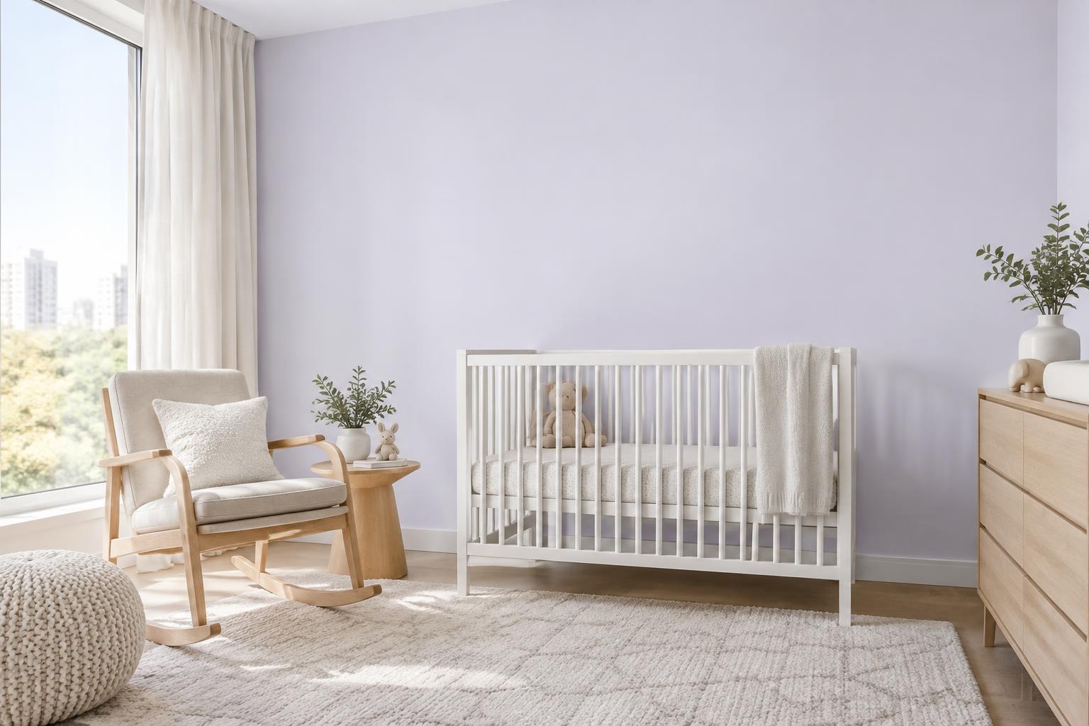Nursery painted in Gush Dulcet PU015A, showing the shade in natural Singapore daylight