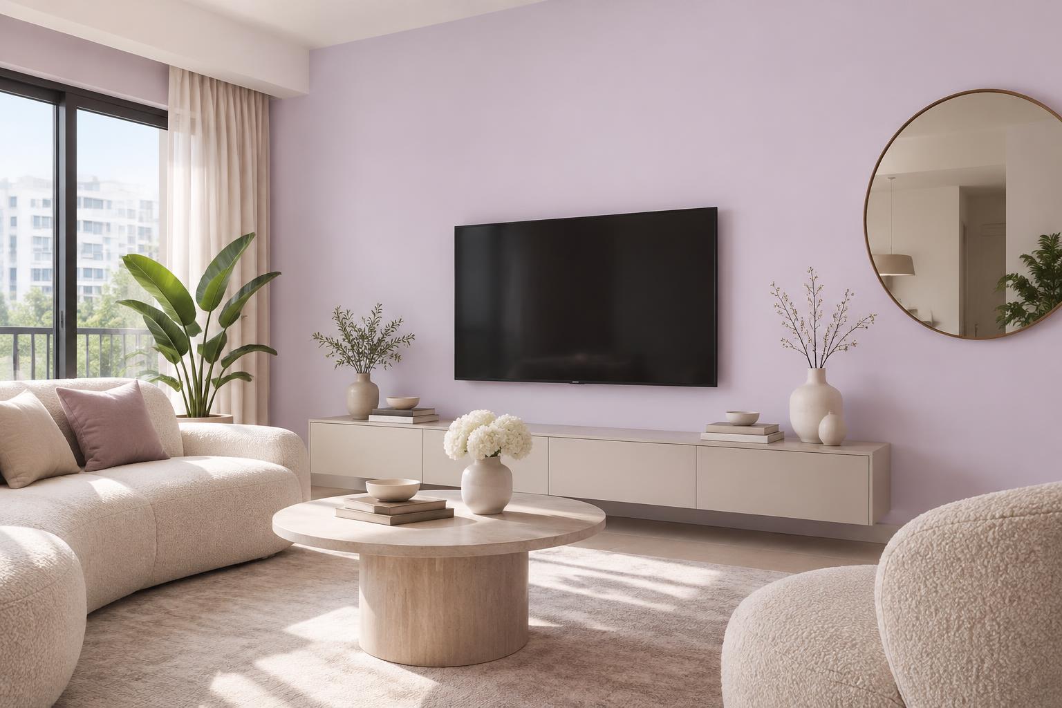 HDB living room with TV console painted in Gush Glimmer PU016A, showing the shade in natural Singapore daylight