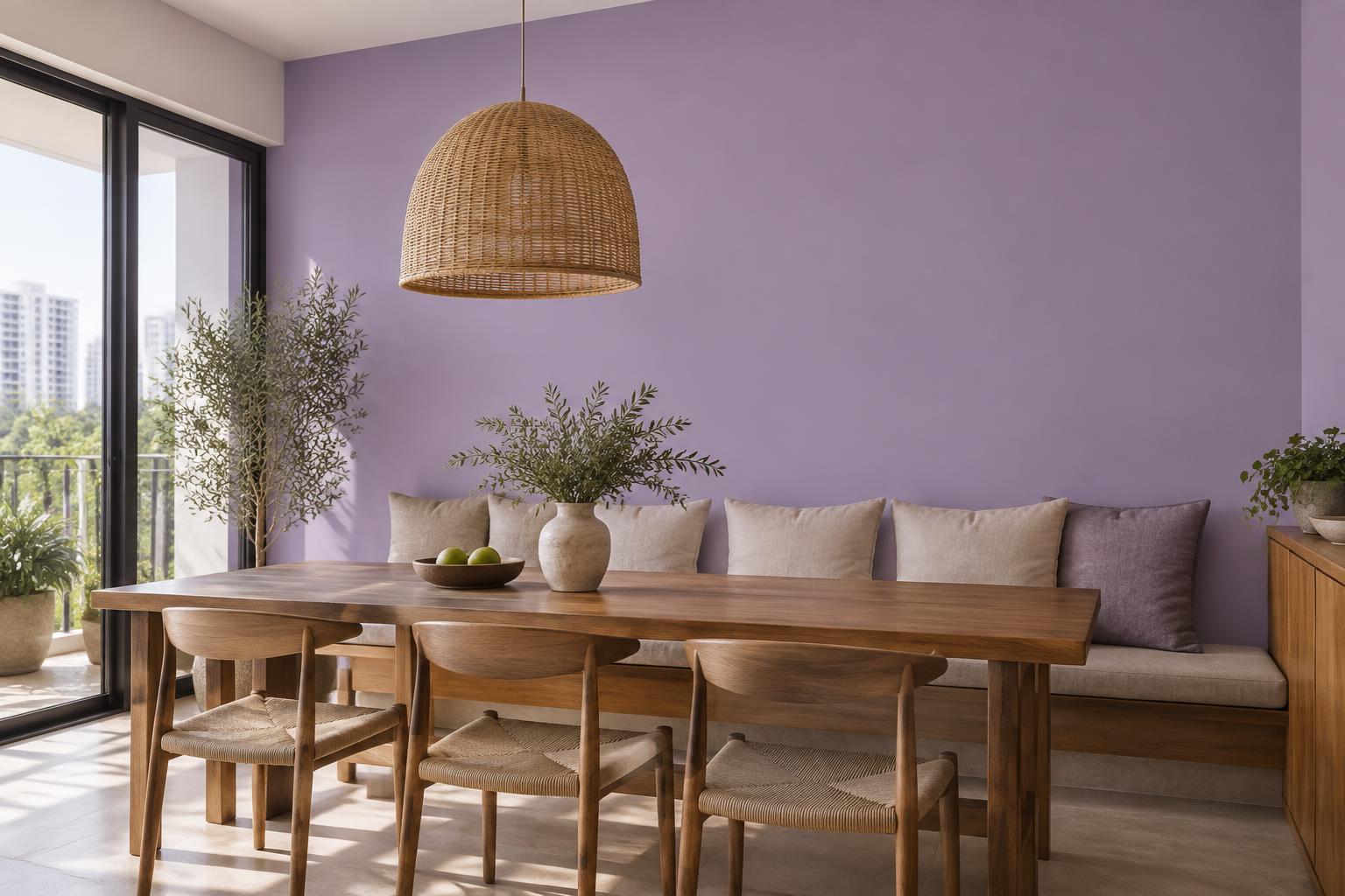 Dining area with banquette painted in Gush Villa PU019B, showing the shade in natural Singapore daylight