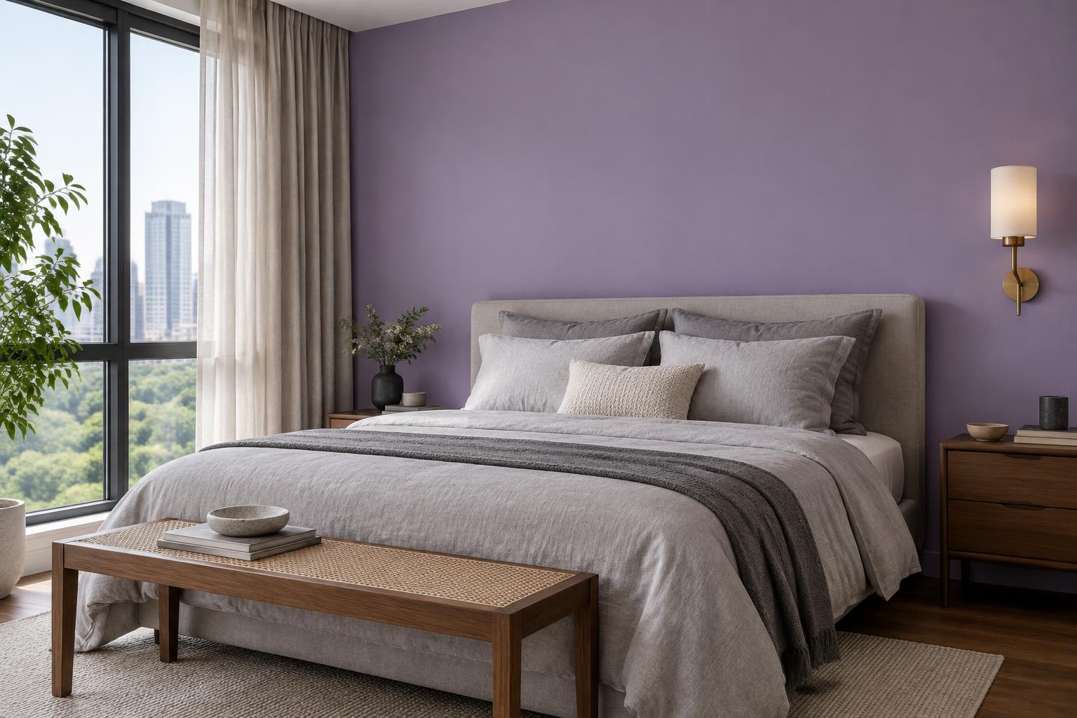 Condo guest bedroom painted in Gush Ivan Ooze PU021C, showing the shade in natural Singapore daylight