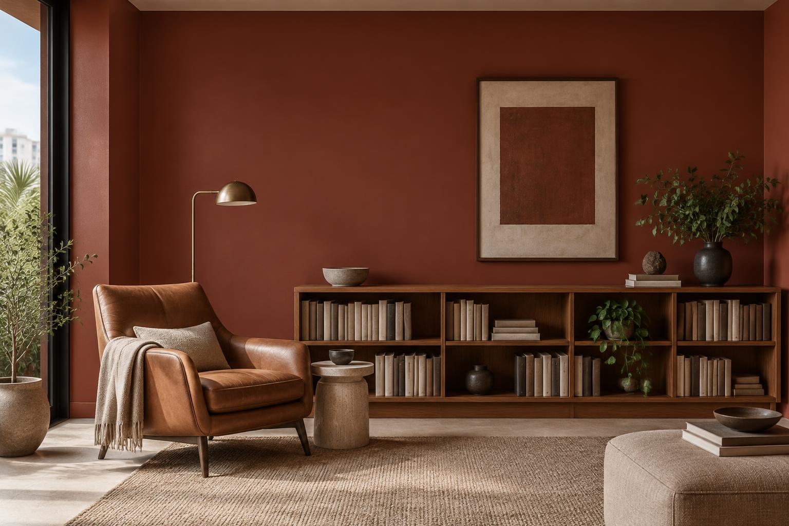 Condo library lounge painted in Gush Well Done RE005C, showing the shade in natural Singapore daylight