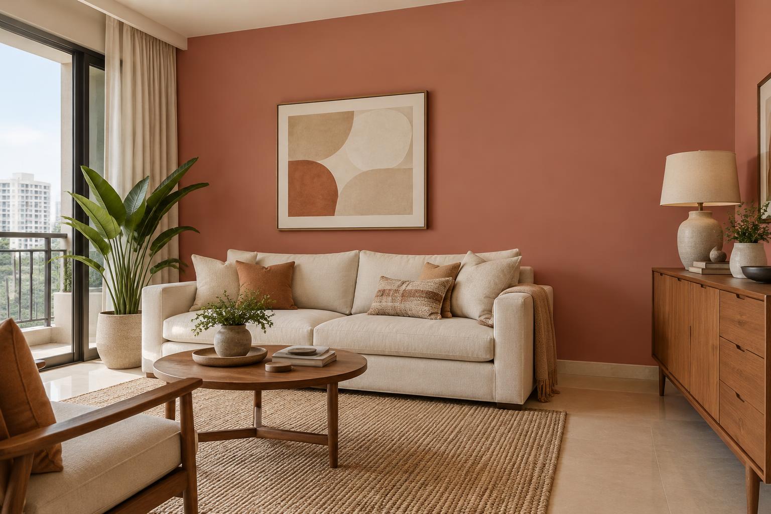 Condo living room painted in Gush Terra RE010C, showing the shade in natural Singapore daylight