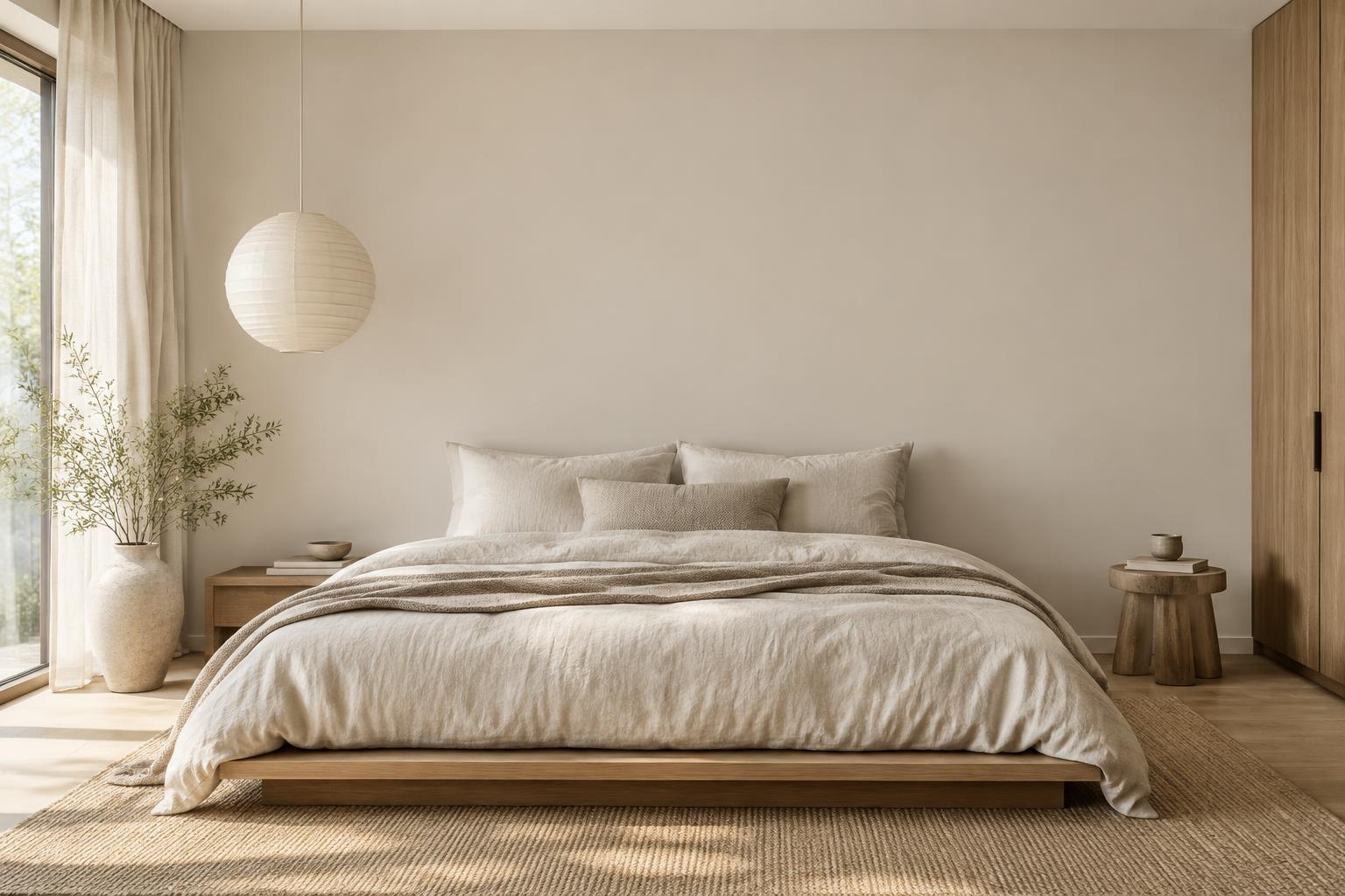 Japandi bedroom painted in Gush Tinge WH001A, showing the shade in natural Singapore daylight