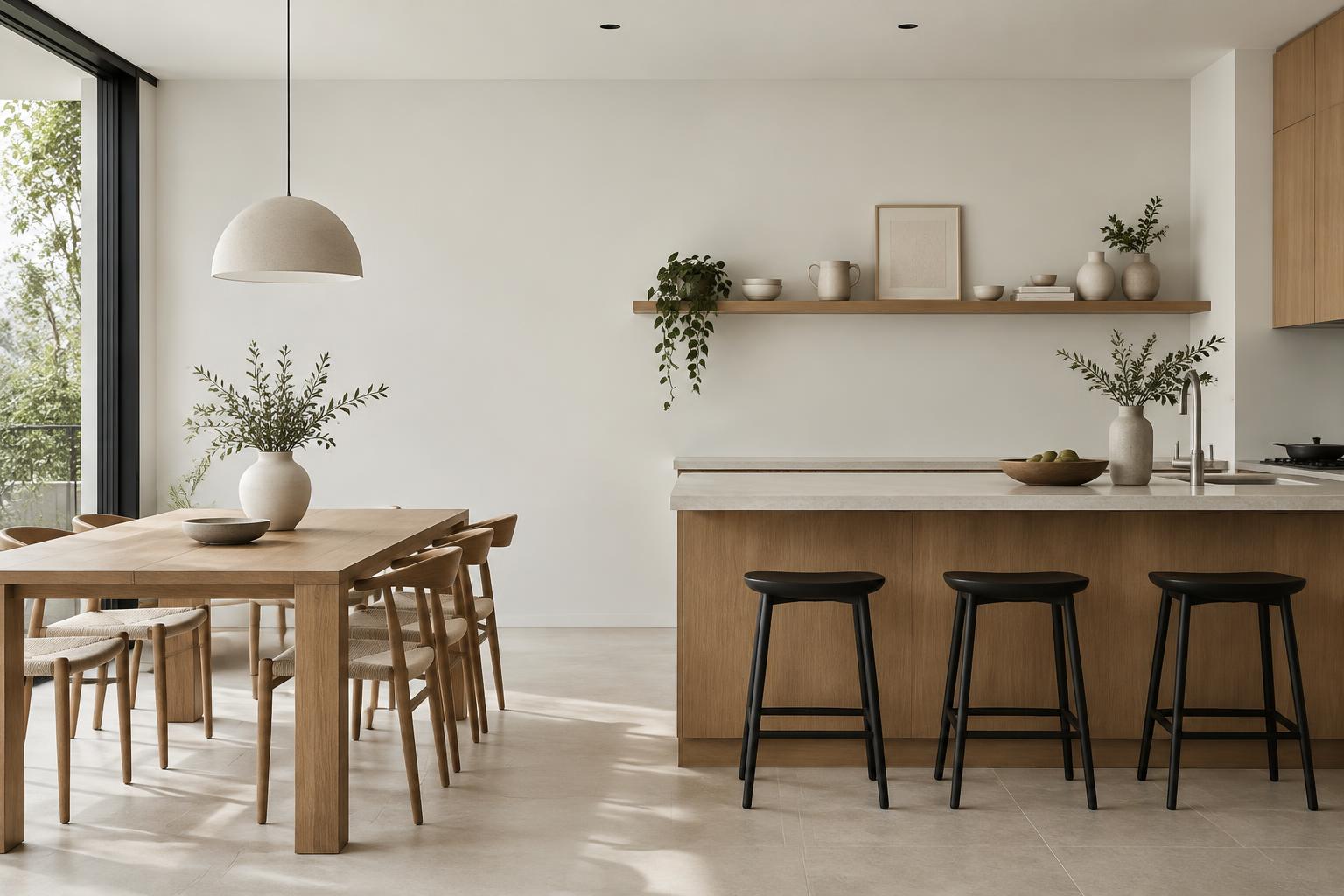 Open kitchen and dining painted in Gush Revival WH002A, showing the shade in natural Singapore daylight
