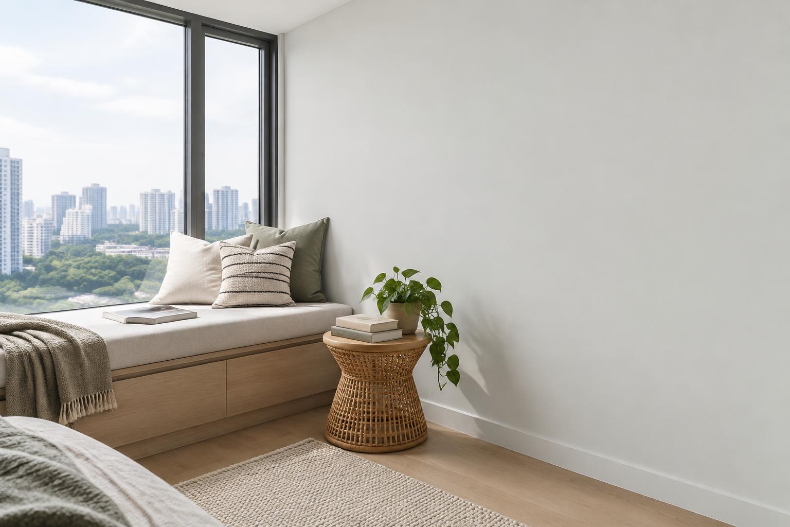 Condo window seat painted in Gush Windowseat WH004B, showing the shade in natural Singapore daylight