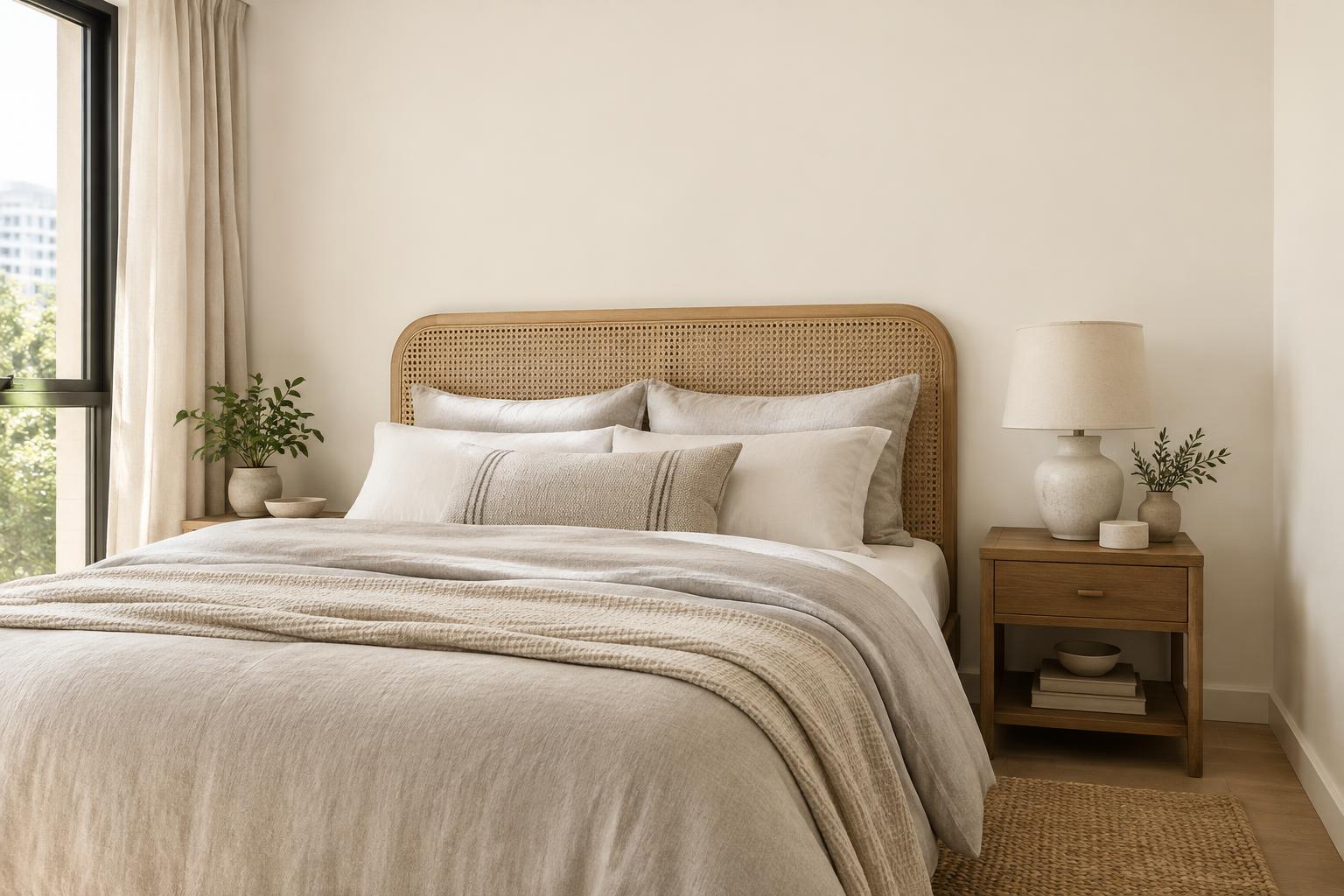 Guest bedroom painted in Gush Pillowtalk WH006A, showing the shade in natural Singapore daylight