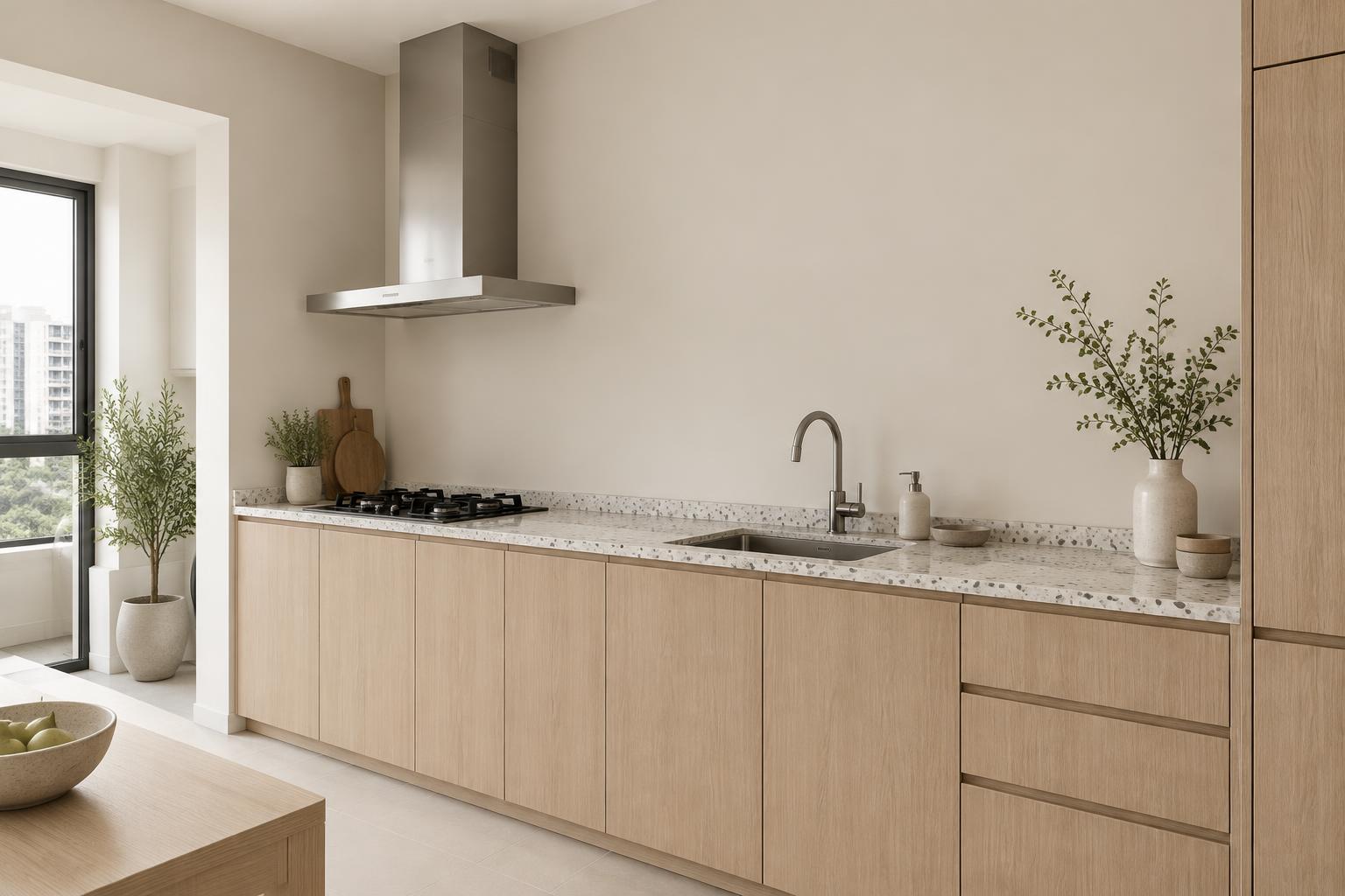 HDB kitchen painted in Gush Tangyuan WH007A, showing the shade in natural Singapore daylight