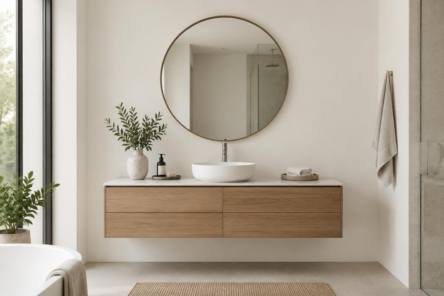 Bathroom vanity painted in Gush Windmill WH008A, showing the shade in natural Singapore daylight