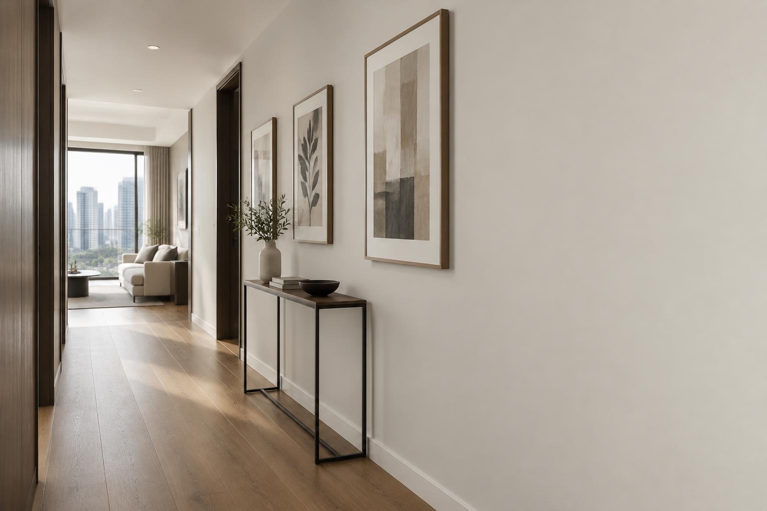Condo corridor gallery painted in Gush Chateau WH009A, showing the shade in natural Singapore daylight