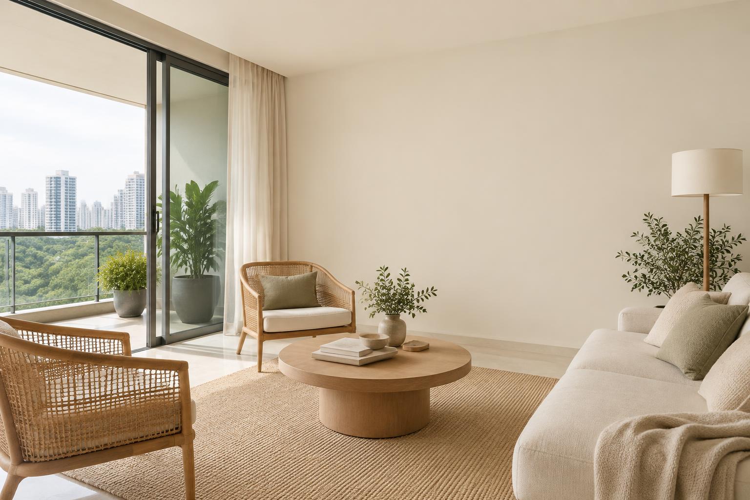 Balcony-facing lounge painted in Gush Siew Dai WH012A, showing the shade in natural Singapore daylight