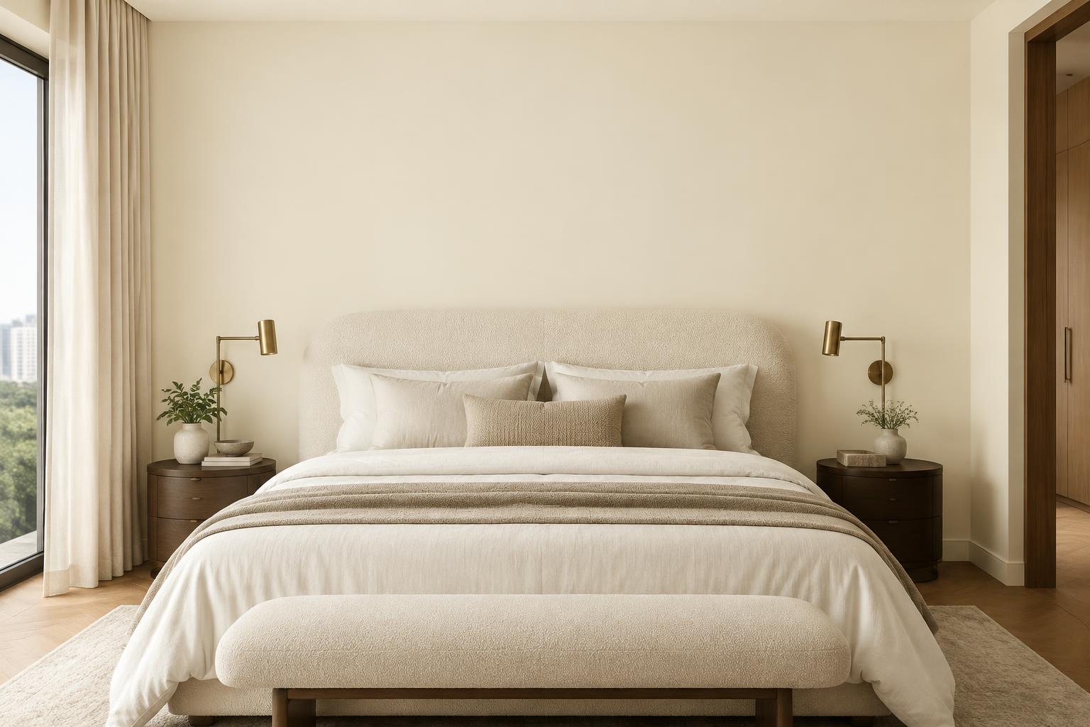 Master bedroom painted in Gush Prelude WH015A, showing the shade in natural Singapore daylight