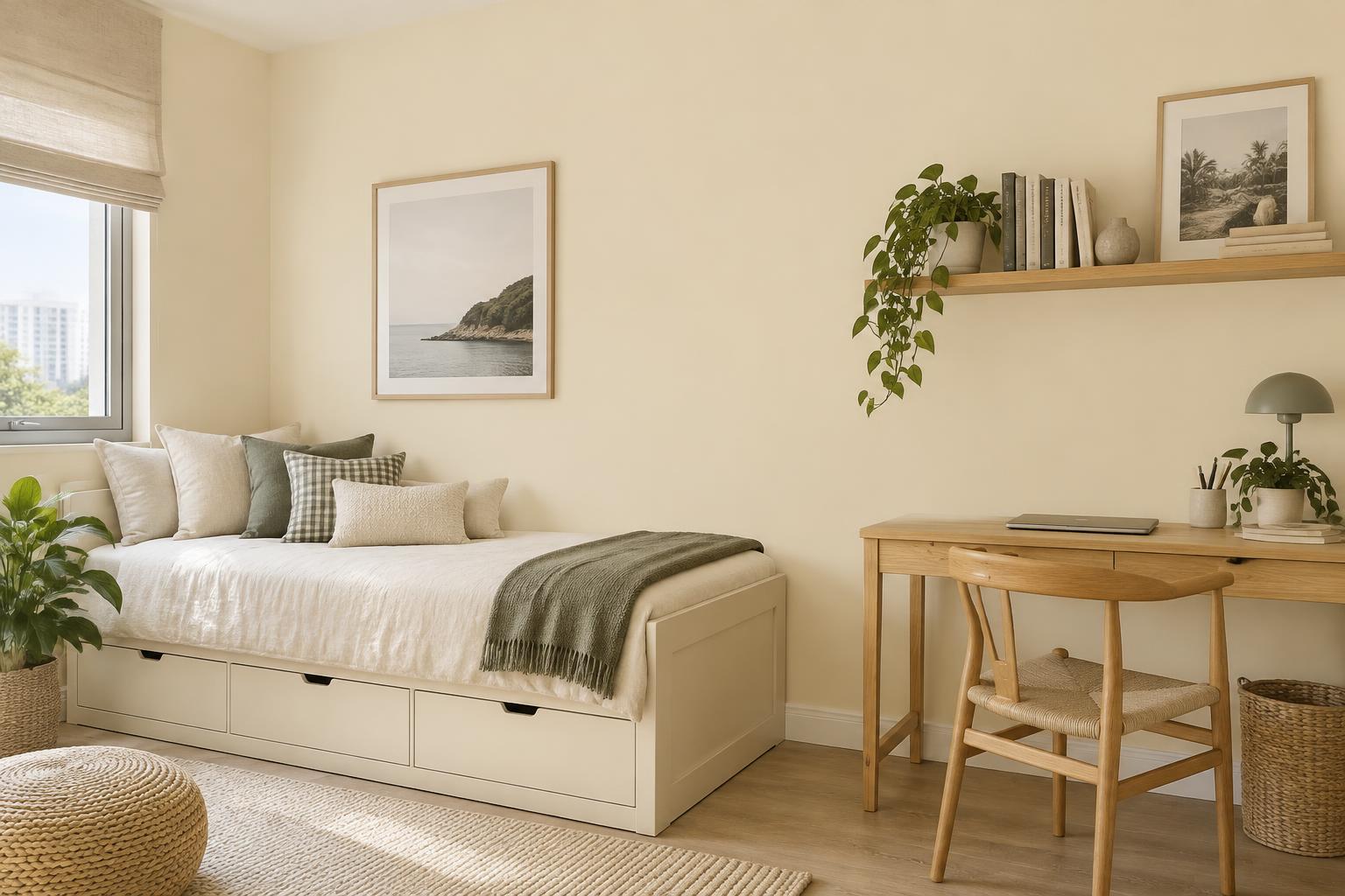 Teenager bedroom painted in Gush Marsh & Mellow WH016B, showing the shade in natural Singapore daylight