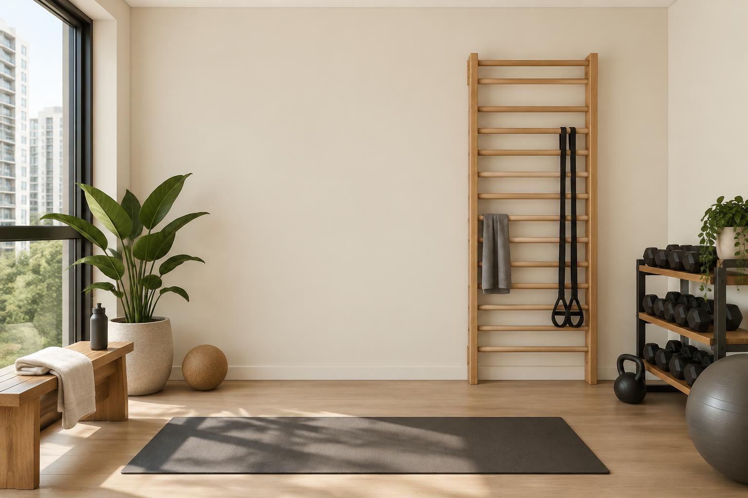 Home gym corner painted in Gush Infinitude WH017A, showing the shade in natural Singapore daylight