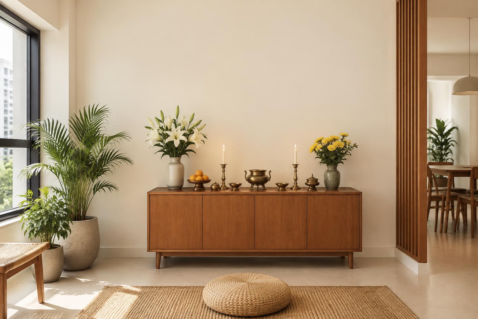 HDB altar corner painted in Gush Boney WH018A, showing the shade in natural Singapore daylight