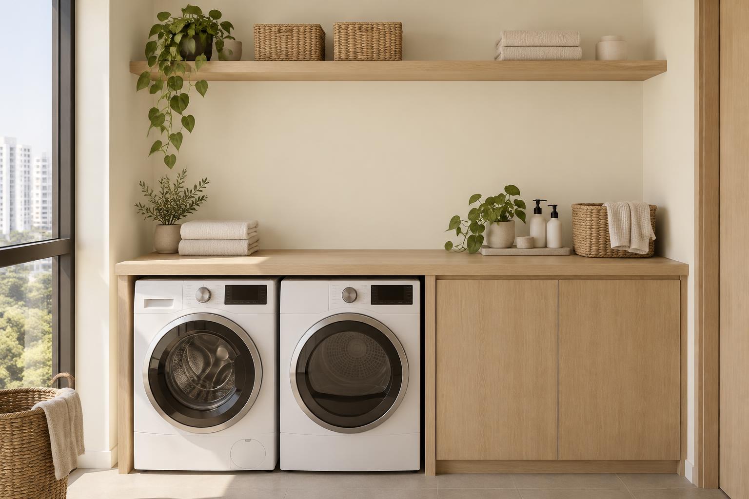 Laundry nook painted in Gush Blindfolds Off WH019A, showing the shade in natural Singapore daylight