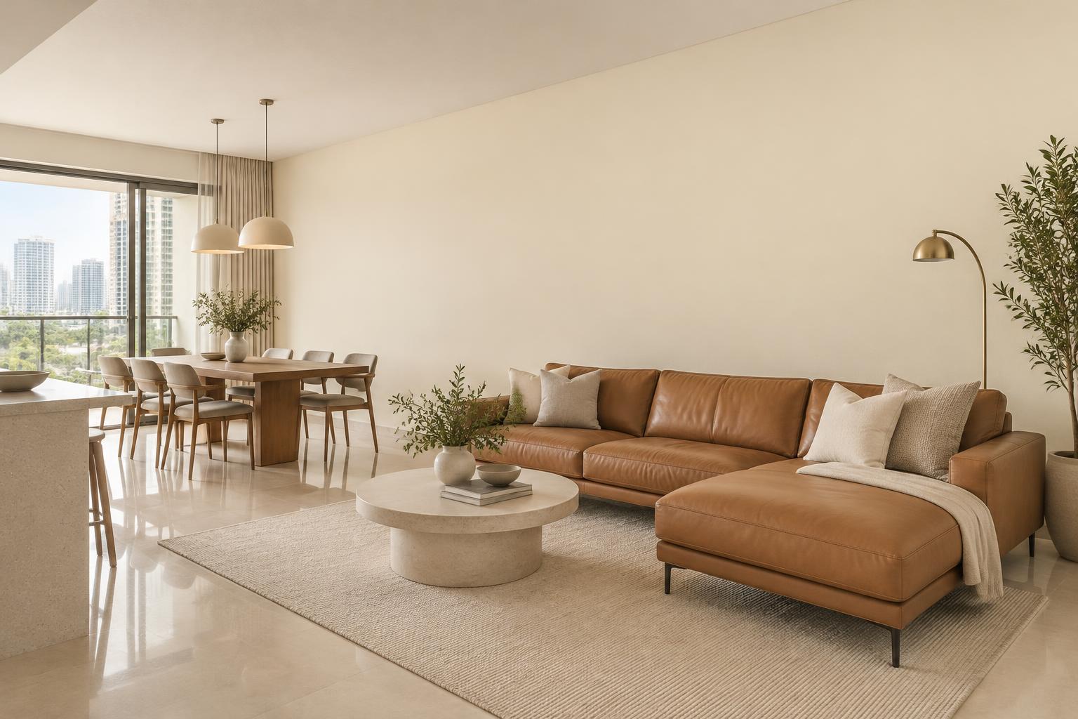 Open-plan condo living painted in Gush Ease WH021A, showing the shade in natural Singapore daylight