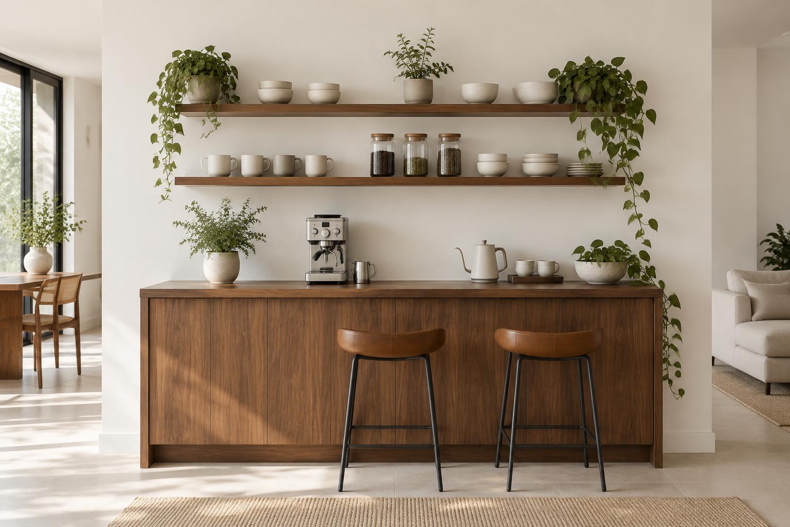 Home coffee bar painted in Gush Heirloom WH023A, showing the shade in natural Singapore daylight