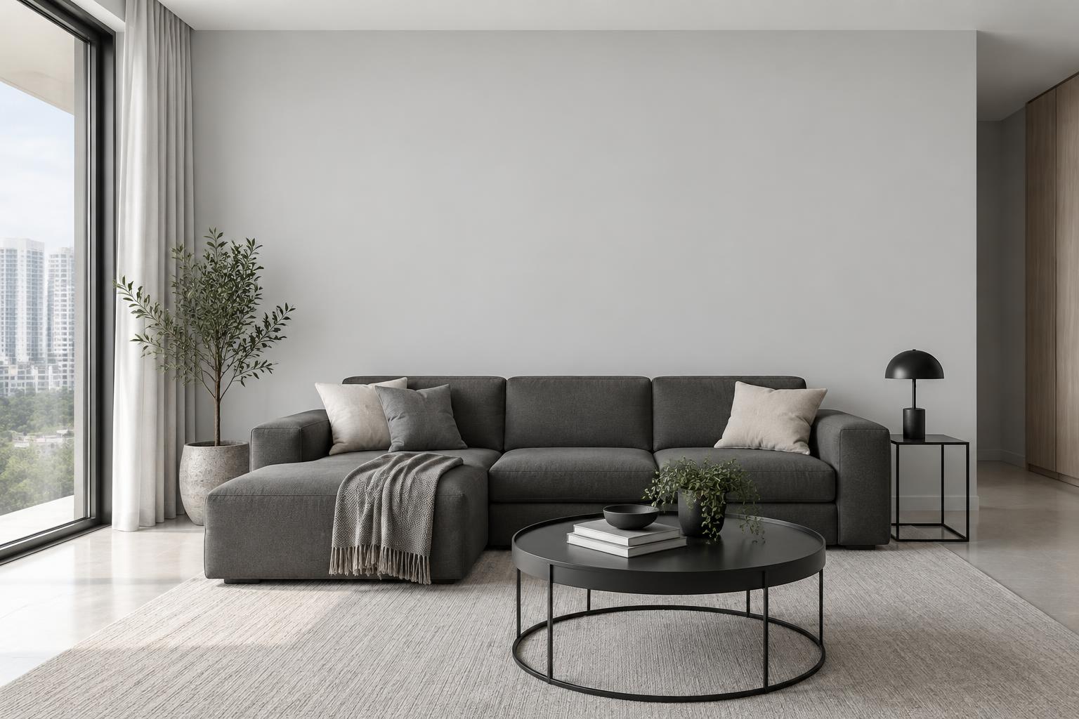 Minimalist condo living room painted in Gush Reflective XR000A, showing the shade in natural Singapore daylight