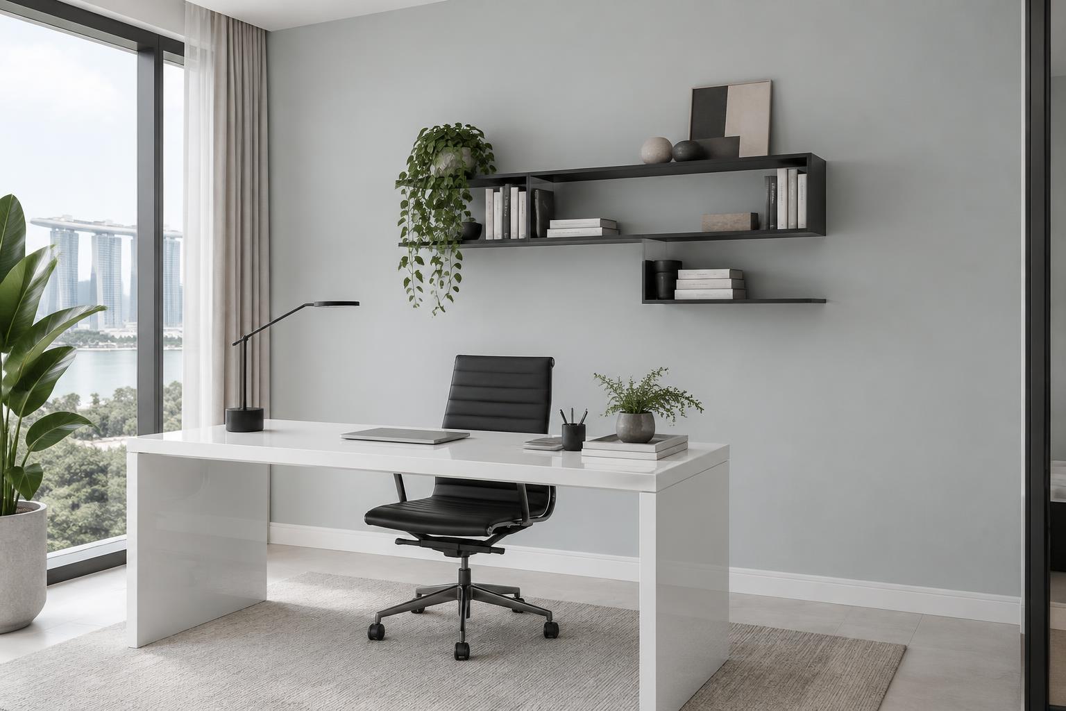 Home office painted in Gush Cooldown XR001A, showing the shade in natural Singapore daylight