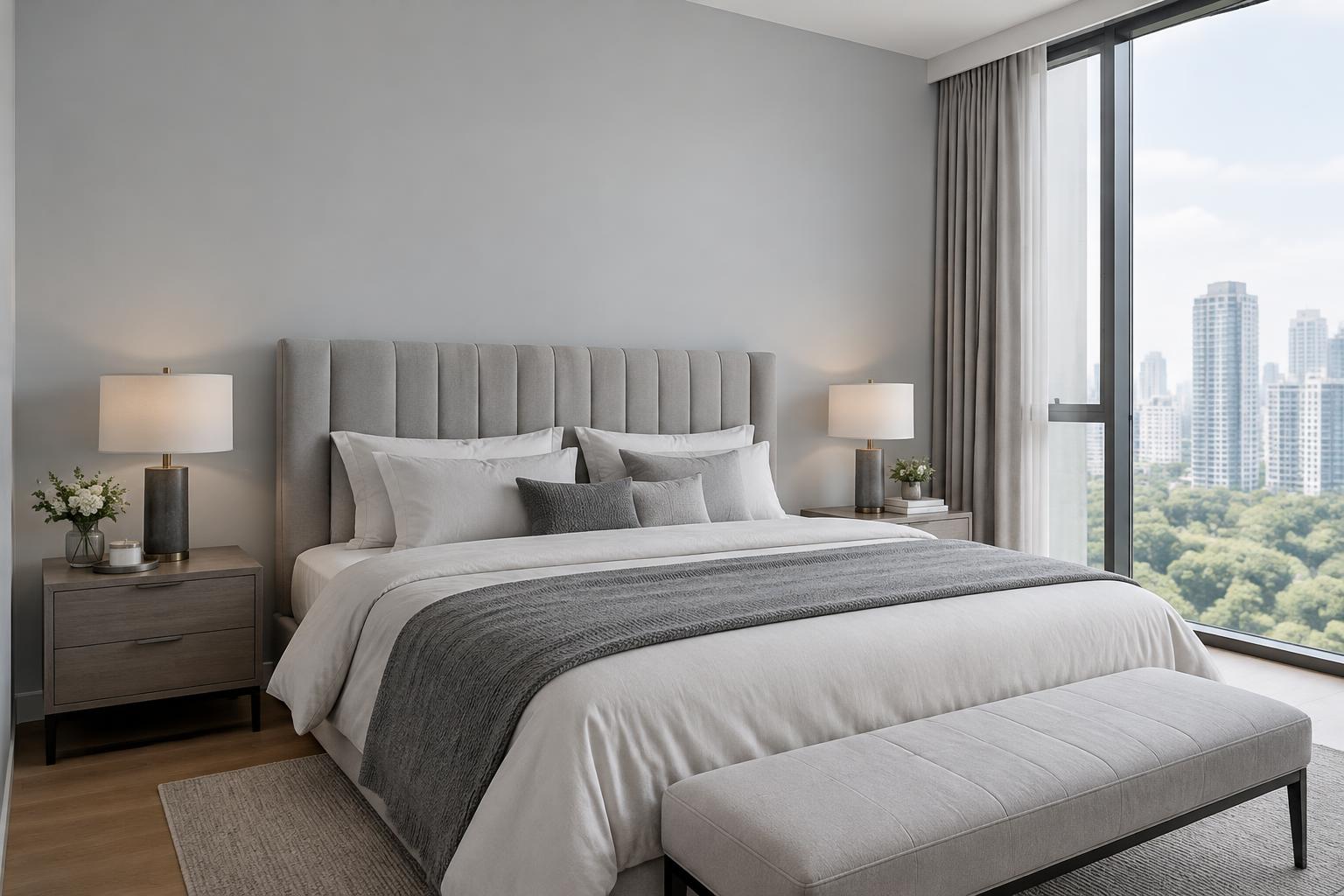 Condo bedroom painted in Gush Echelon XR007A, showing the shade in natural Singapore daylight